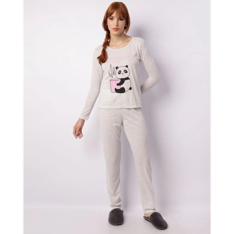 Pijama Feminino Longo Estampa Panda Listrado Cinza P