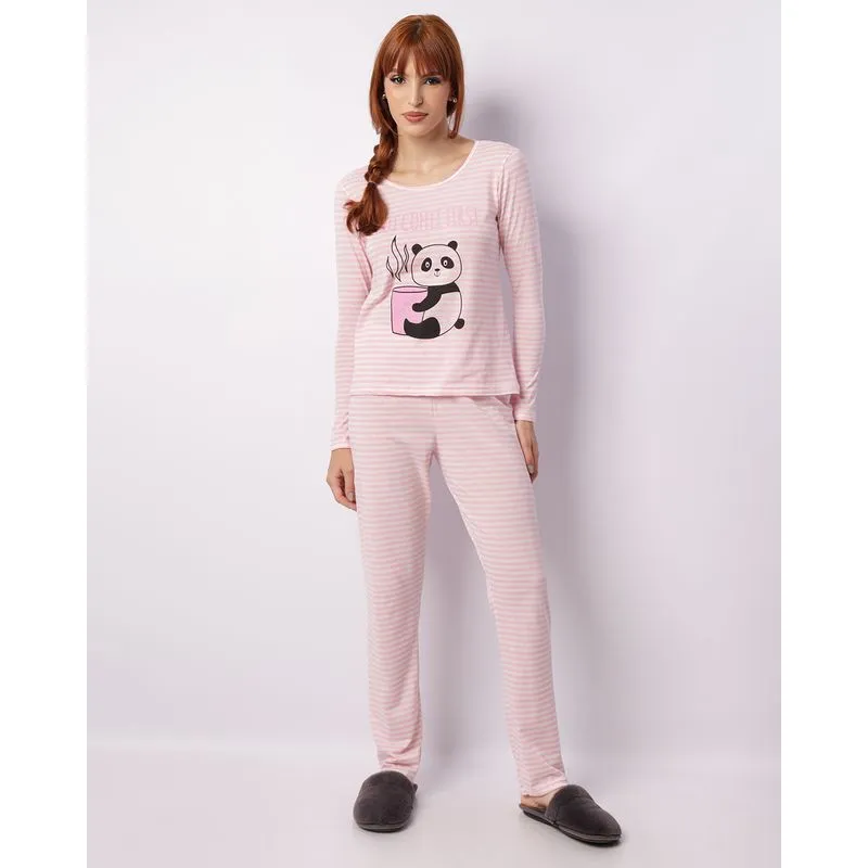 Pijama Feminino Longo Estampa Panda Listrado Rosa G