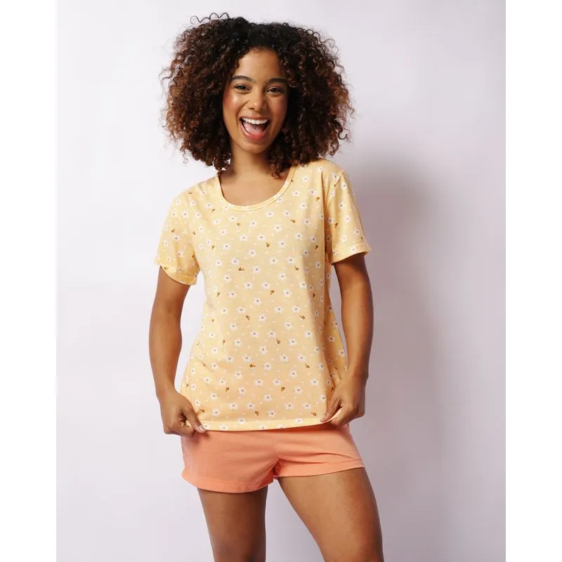 Pijama Feminino Curto Estampado Manga Curta Amarelo GG