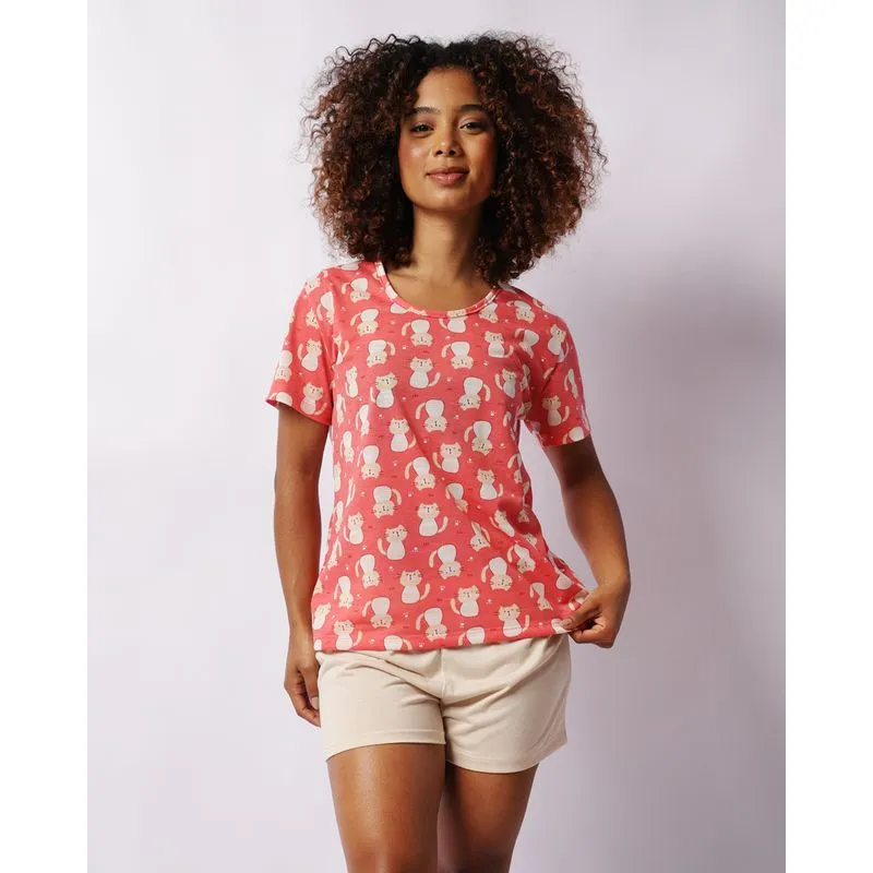 Pijama Feminino Curto Estampado Manga Curta Rosa GG