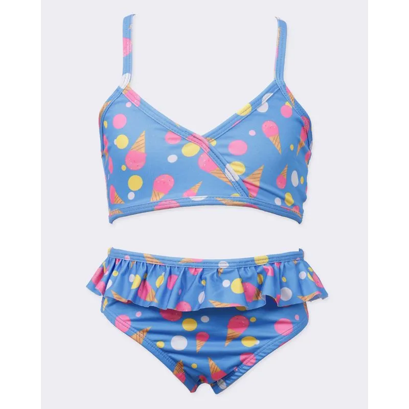 Conjunto Biquíni Infantil Estampa Sorvetes Com Babados Azul 4