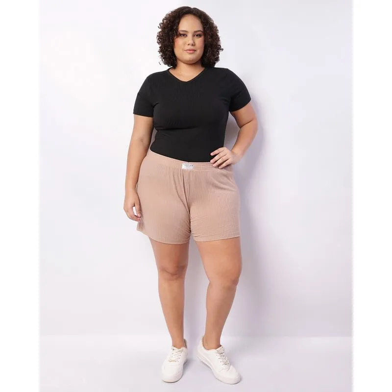 Short Plus Size Feminino Curto Canelado Bege G3
