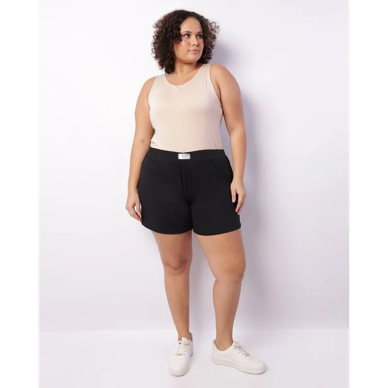 Short Plus Size Feminino Curto Canelado Preto G3