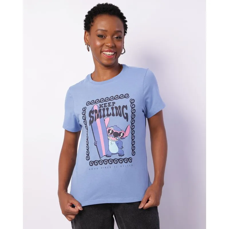 Camiseta Feminina Manga Curta Disney Stitch Azul GG