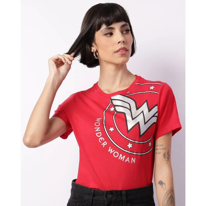 Camiseta Feminina DC Comics Mulher Maravilha Manga Curta Vermelha P