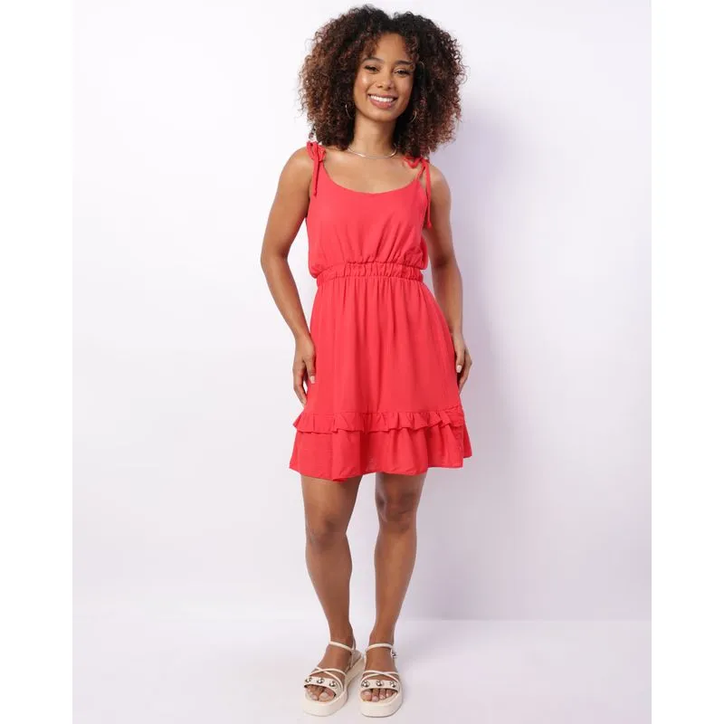 Vestido Feminino Curto Viscose Alcinha Babado Vermelho M
