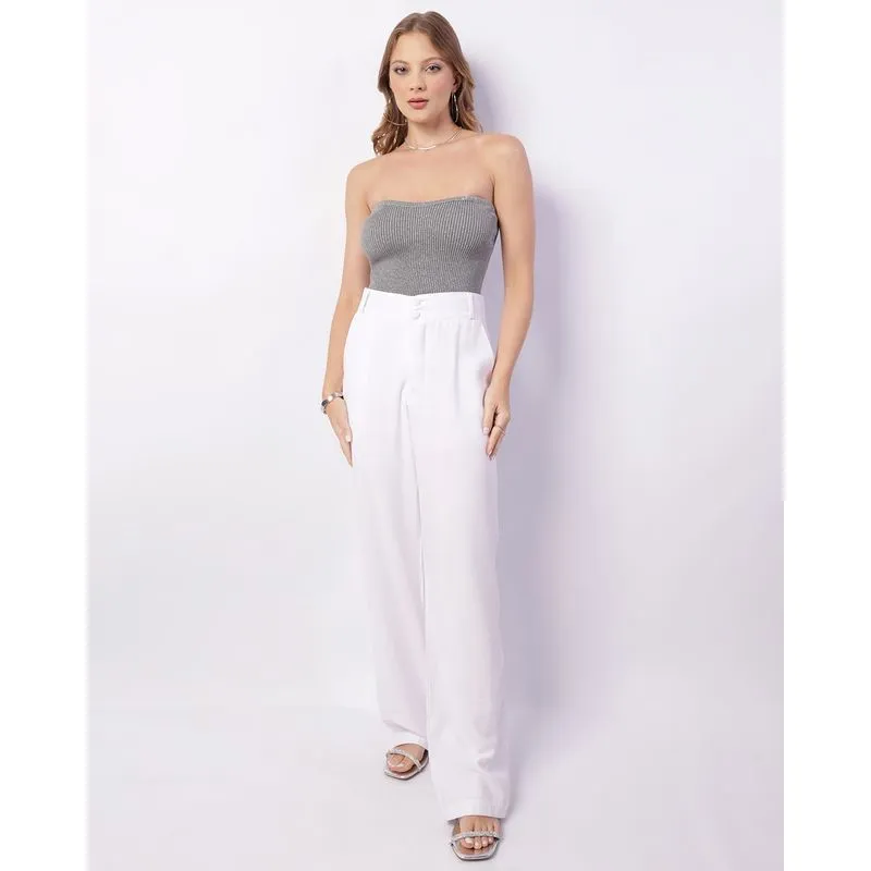 Calça Feminina Pantalona Viscose Bolsos Branca P