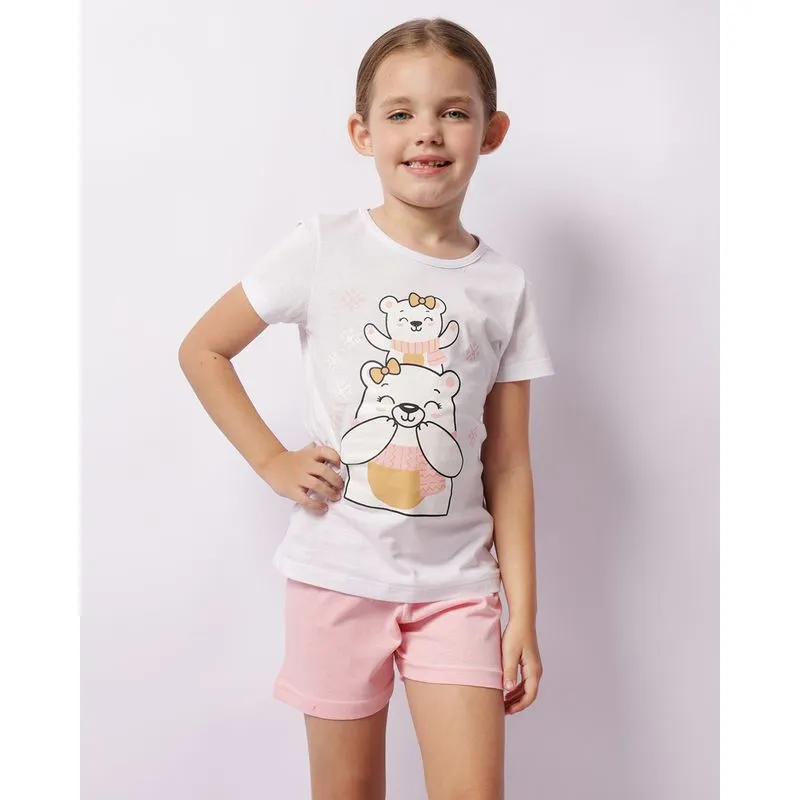 Pijama Infantil Curto Estampa Ursinha Manga Curta Branco 10