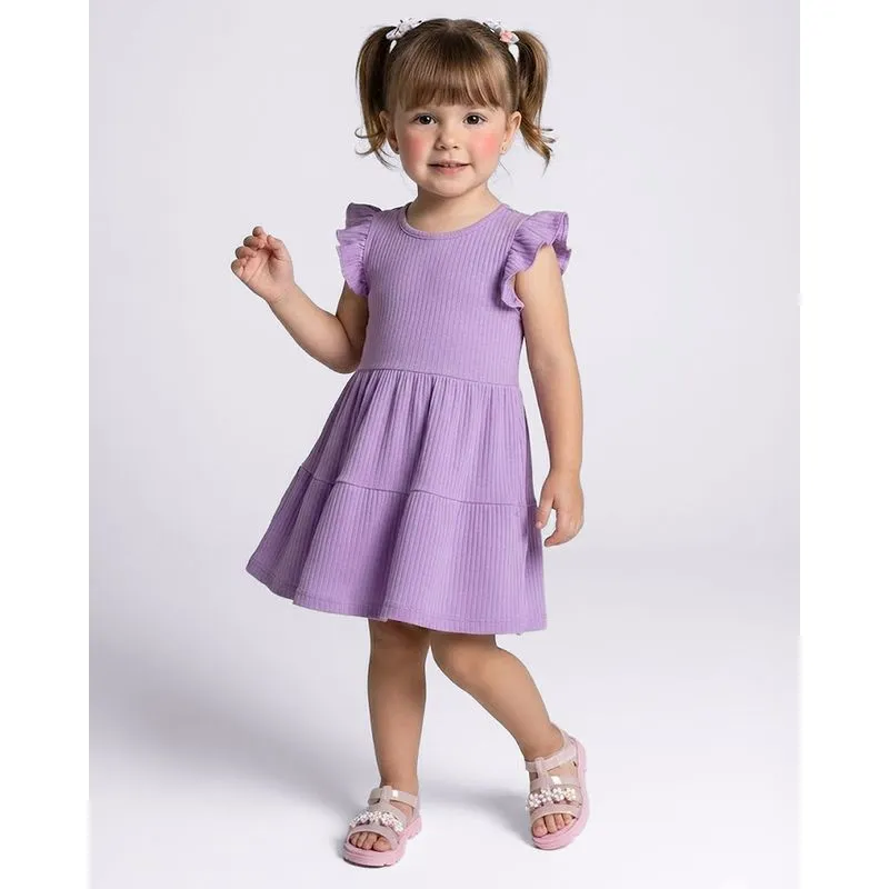 Vestido Bebê Três Marias Canelado Manga Curta Com Babado Lilás 3