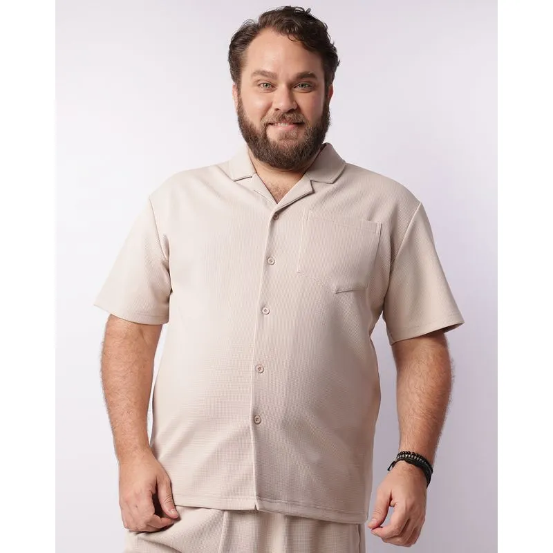 Camisa Plus Size Masculina Manga Curta Texturizada Bege G2