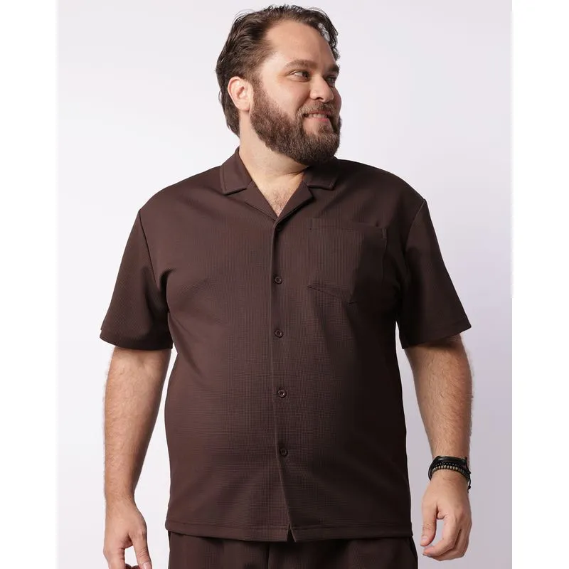 Camisa Plus Size Masculina Manga Curta Texturizada Marrom G4