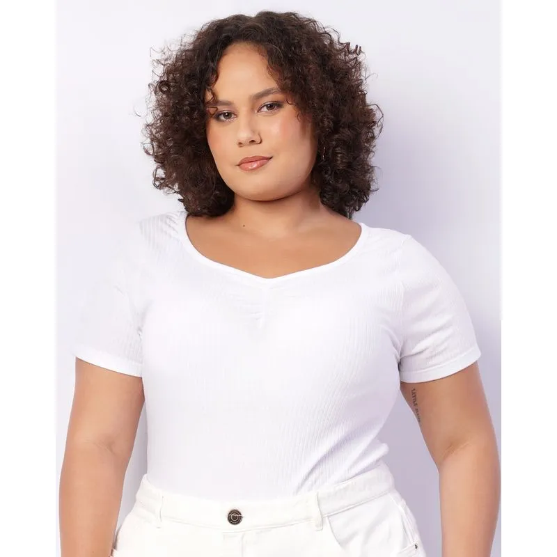 Blusa Plus Size Feminina Manga Curta Canelada Franzida Branca G2