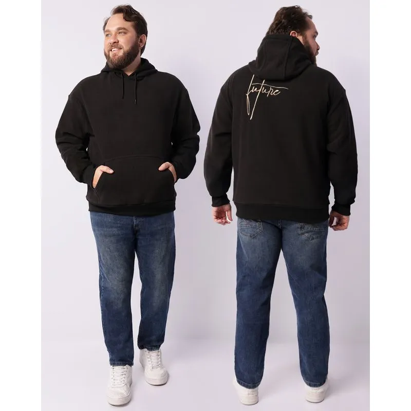 Blusão Plus Size Masculino Fleece com Capuz Bolso Canguru Preto G3