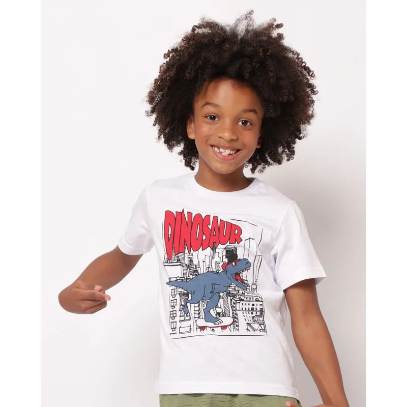 Camiseta Infantil Algodão Estampa Dinossauro Manga Curta Branca 8