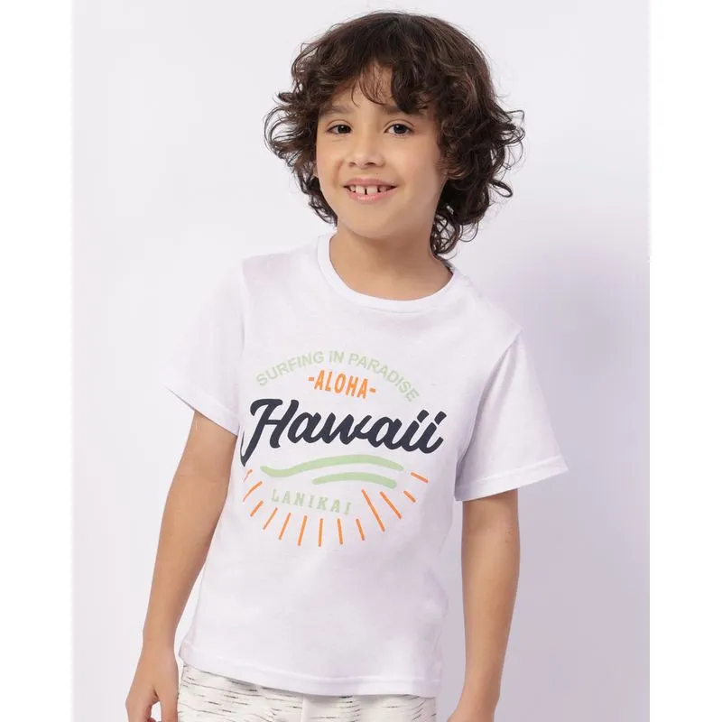 Camiseta Infantil Algodão Estampa Hawaii Manga Curta Branca 4