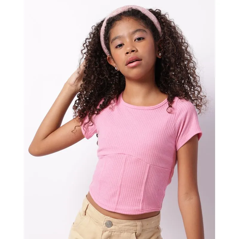 Blusa Juvenil Cropped Manga Curta Canelada Rosa 16
