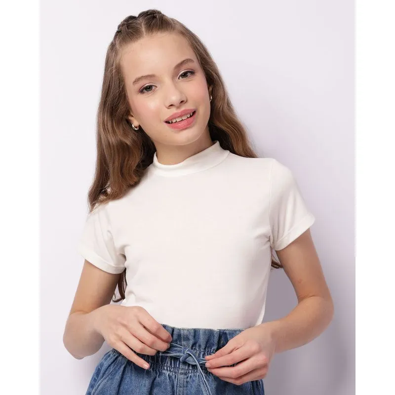 Blusa Juvenil Manga Curta Gola Alta Off White 12