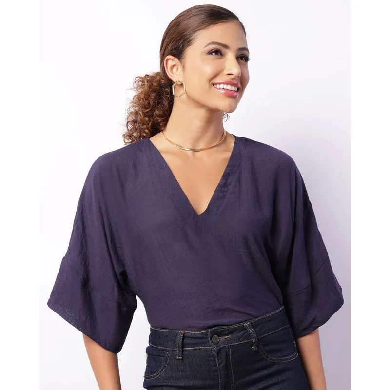 Blusa Feminina Manga 3/4 Decote V Marinho GG