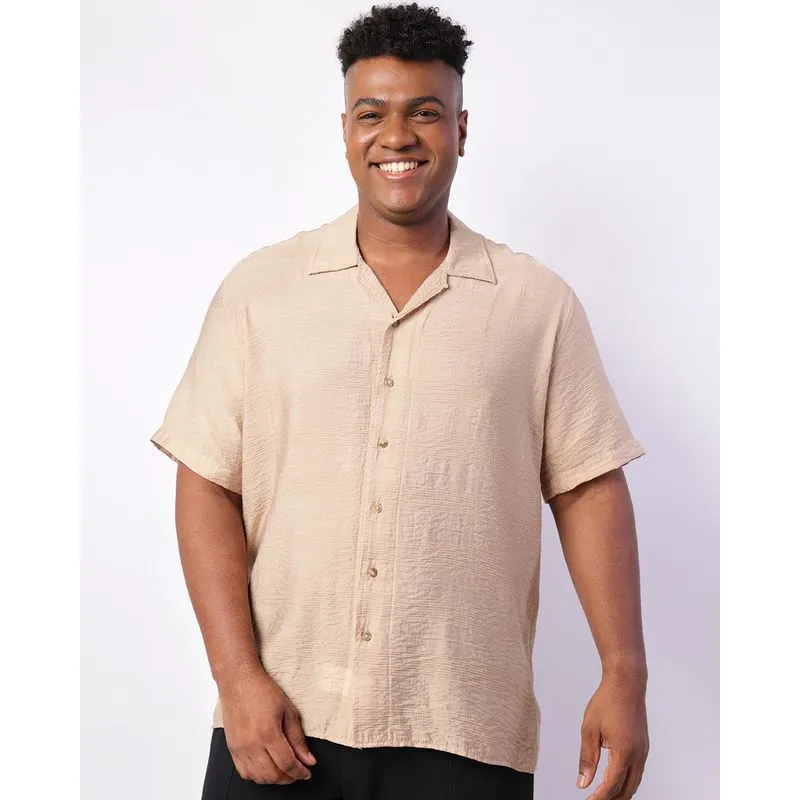 Camisa Plus Size Masculina Manga Curta Viscose Texturizada Bege 6