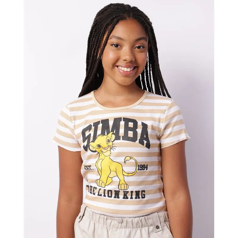 Camiseta Juvenil Manga Curta Disney O Rei Leão Canelada Listrada Bege 16