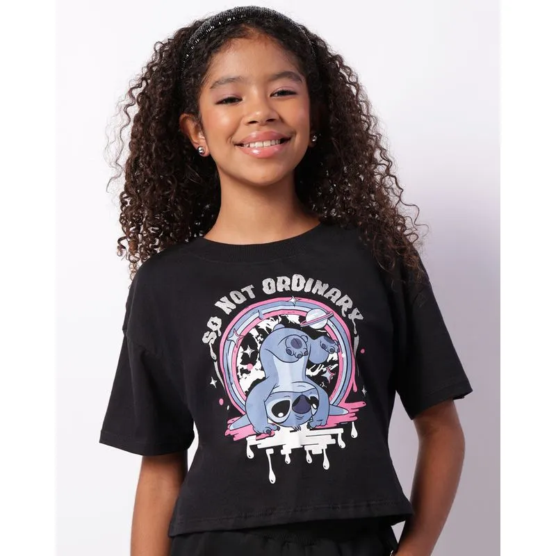 Camiseta Juvenil Cropped Disney Stitch Manga Curta Preta 12