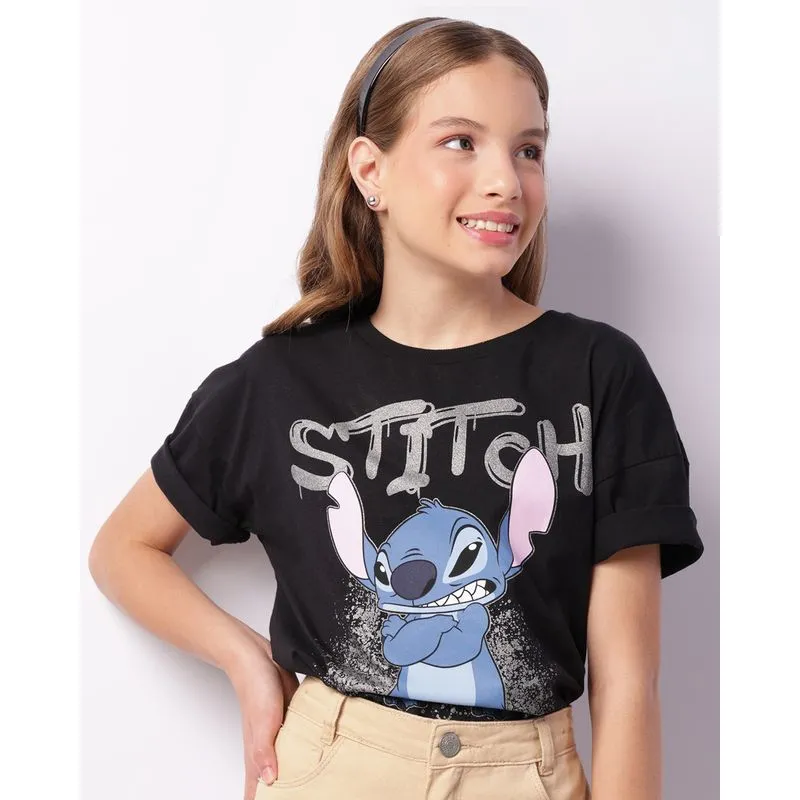 Camiseta Juvenil Disney Stitch Manga Curta Preta 16