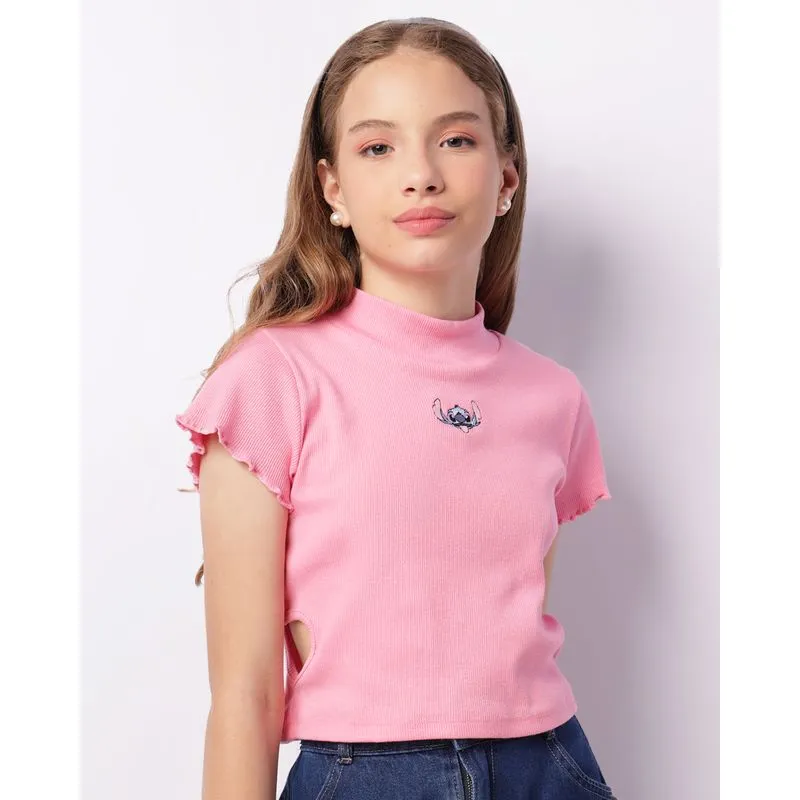 Blusa Juvenil Disney Stitch Gola Alta Manga Curta Rosa 14