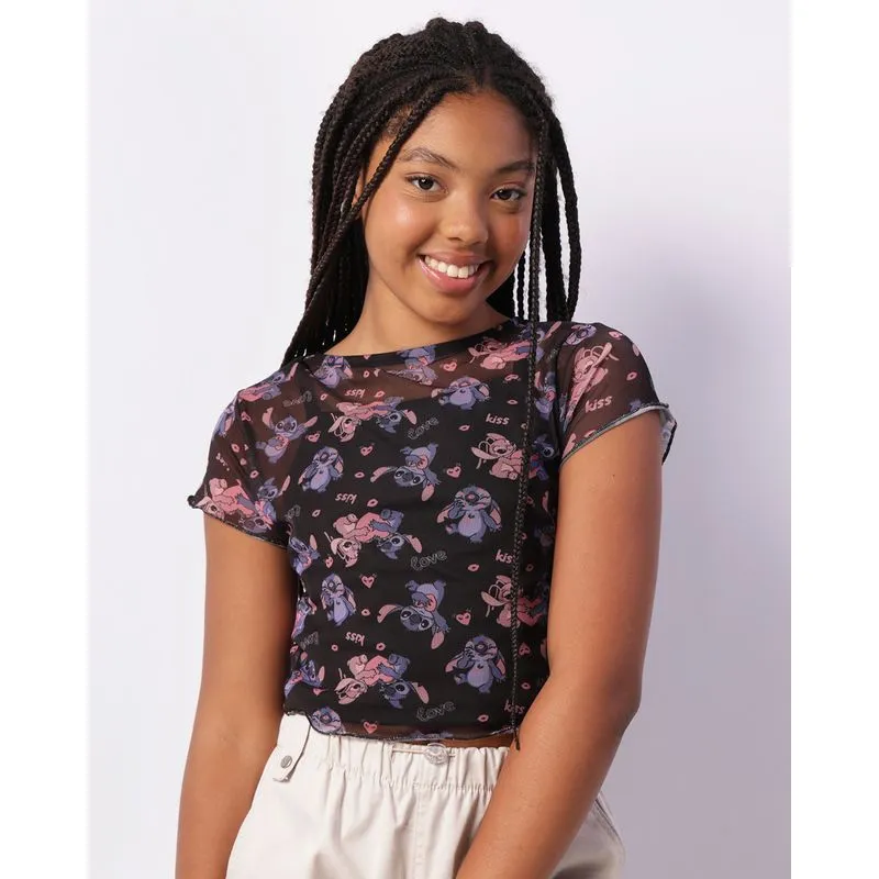 Blusa Juvenil Cropped Disney Stitch Sobreposição Tule Preta 12