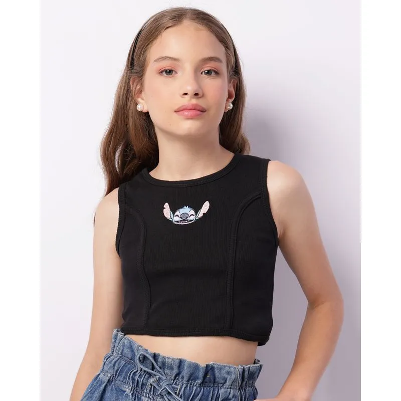 Blusa Juvenil Disney Stitch Cropped Ribana Preta 12