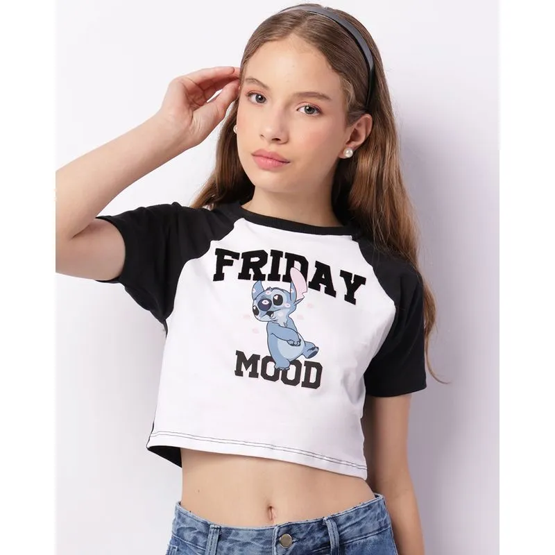 Camiseta Juvenil Disney Stitch Manga Raglan Curta Branca 12