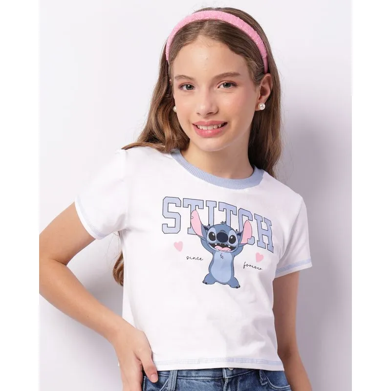 Camiseta Juvenil Disney Stitch Cropped Manga Curta Branca 16