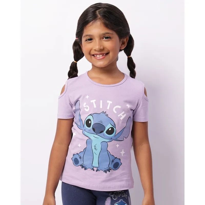 Camiseta Infantil Disney Stitch Manga Curta Glitter Lilás 8