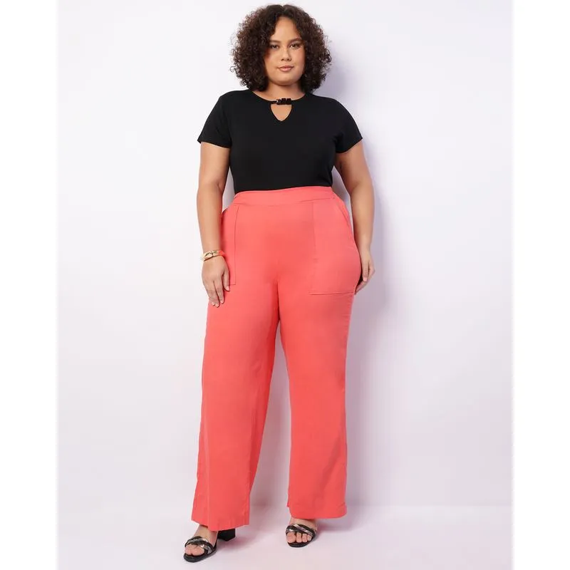 Calça Plus Size Feminina Reta Viscolinho Bolsos Laranja G2