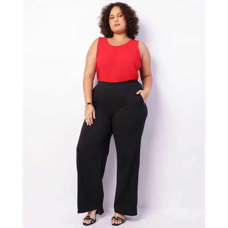 Calça Plus Size Feminina Reta Viscolinho Bolsos Preta G1