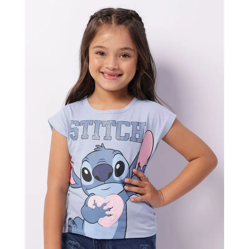 Camiseta Infantil Disney Stitch Glitter Lantejoula Manga Curta Azul 4