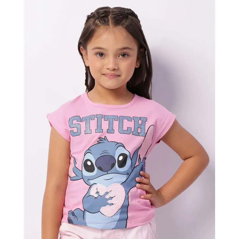 Camiseta Infantil Disney Stitch Glitter Lantejoula Manga Curta Rosa 4