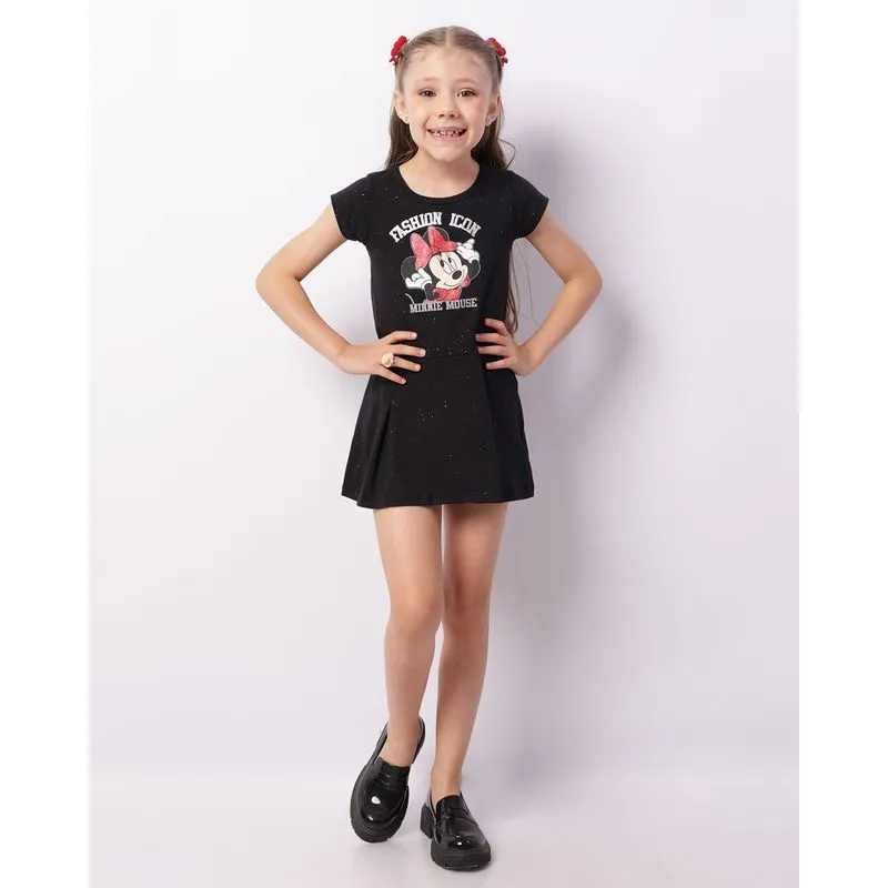 Vestido Infantil Curto Disney Minnie Glitter Preto 6
