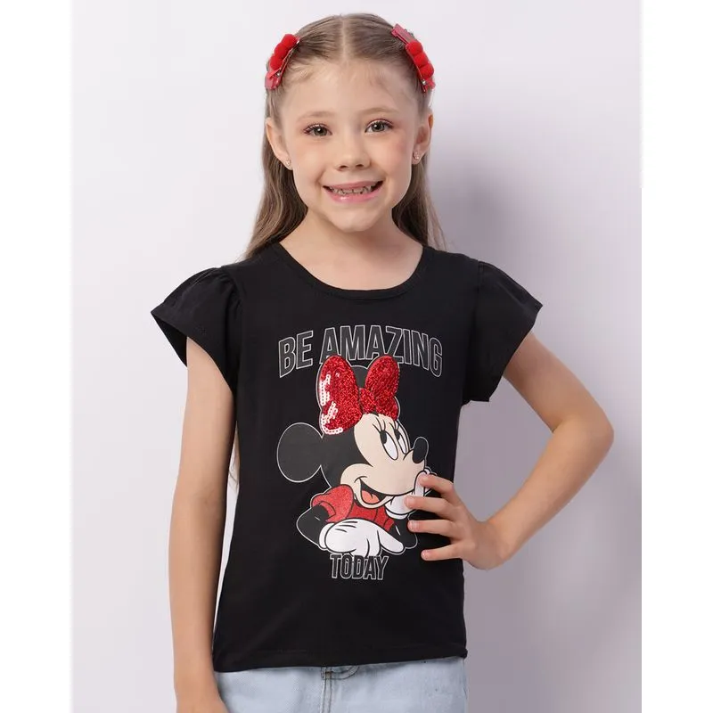 Camiseta Infantil Disney Minnie Babado Manga Curta Preta 8
