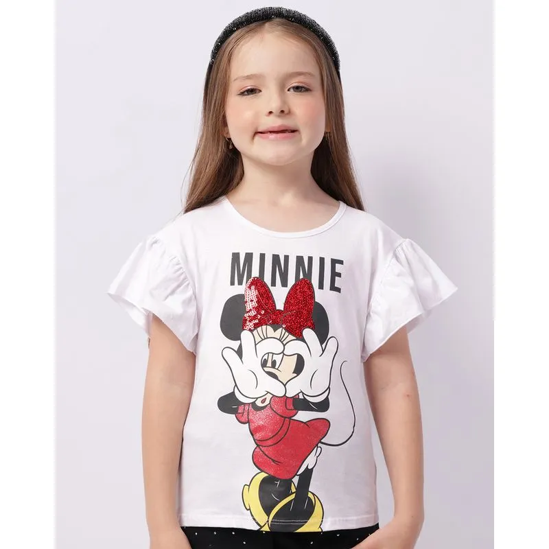 Camiseta Infantil Disney Minnie com Paetê Branca 10