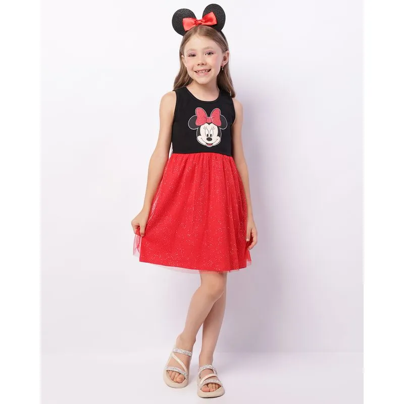 Vestido Infantil Disney Minnie Tule Com Glitter + Brinde Tiara Preta 10