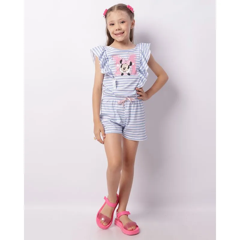 Macaquinho Infantil Disney Minnie Com Babado Listado Azul 8
