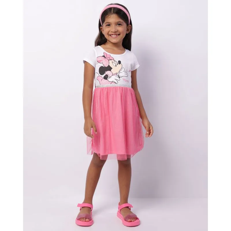 Vestido Infantil Disney Minnie Tule Com Glitter Branco 4