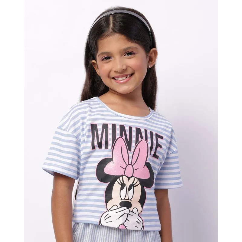 Camiseta Infantil Cropped Minnie Disney Com Listras Manga Curta Azul 8