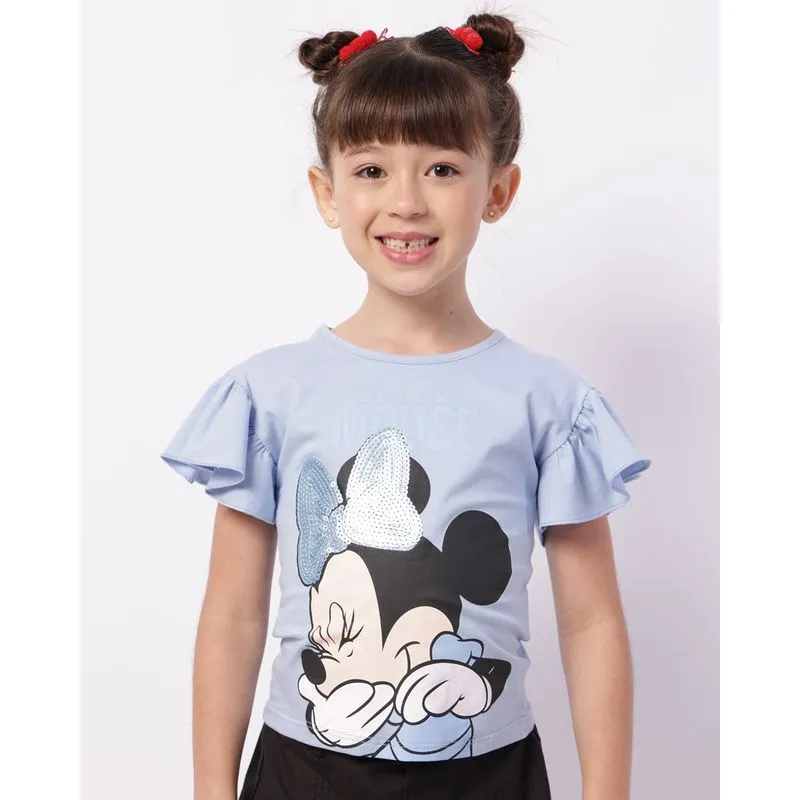 Blusa Infantil Disney Minnie com Paetê Manga Curta Babado Azul 8