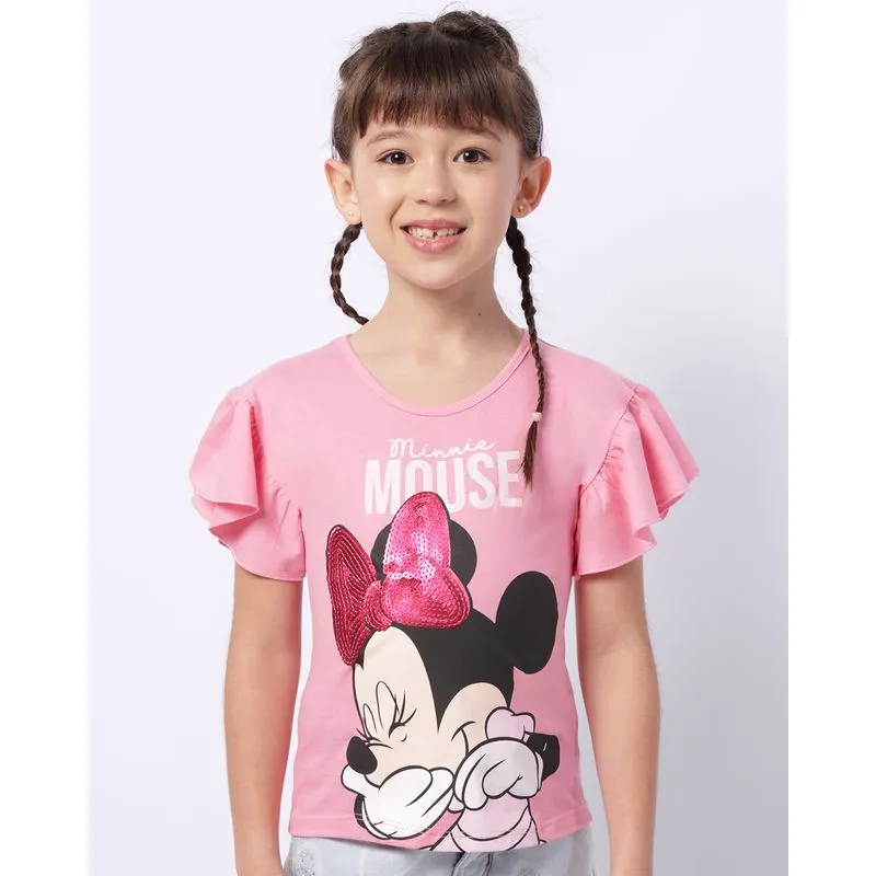 Blusa Infantil Disney Minnie com Paetê Manga Curta Babado Rosa 8