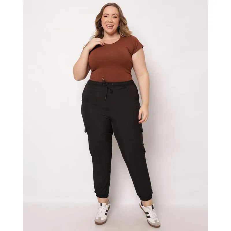 Calça Plus Size Feminina Berry & Co. Jogger Cargo Preta G1
