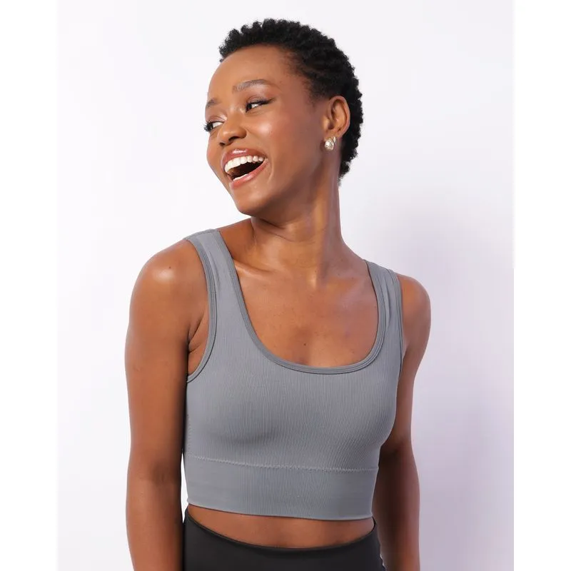 Top Fitness Feminino Canelado Bojo Removível Cinza P