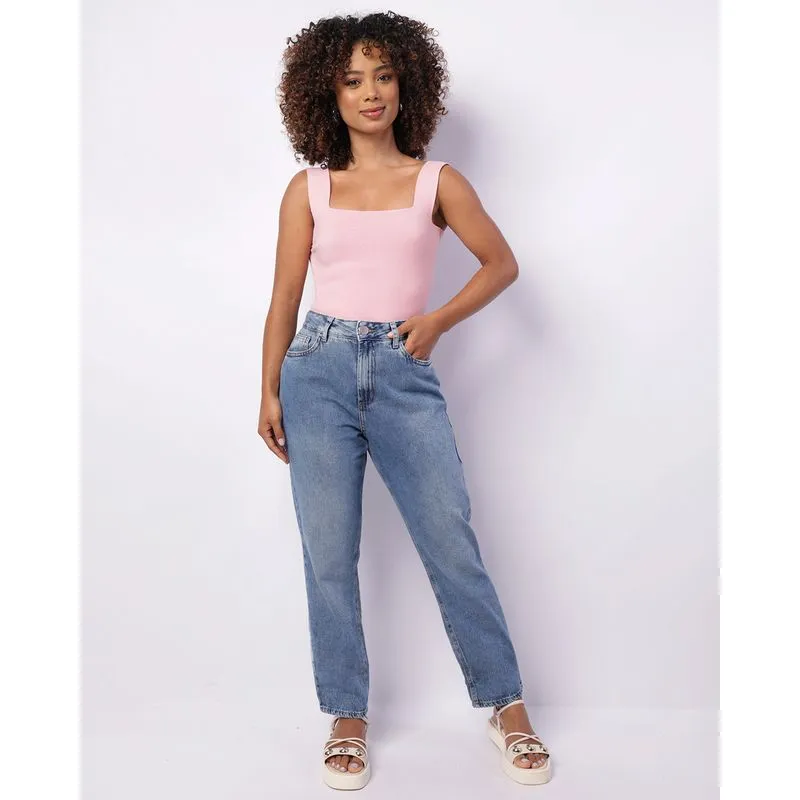 Calça Jeans Feminina Mom Com Bolsos Azul 38