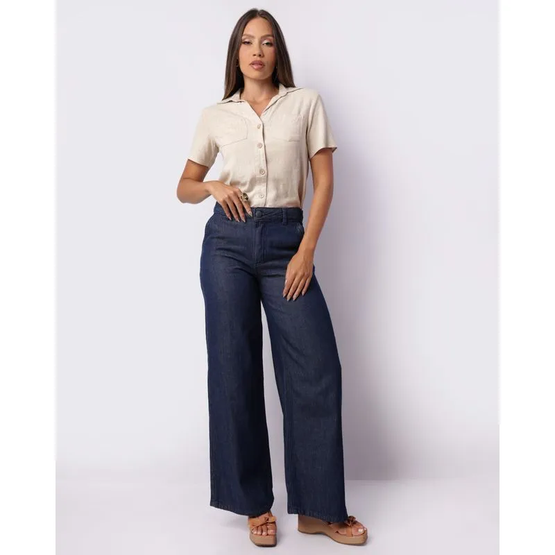 Calça Jeans Feminina Pantalona Com Bolsos Azul 46