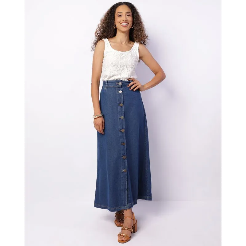 Saia Jeans Feminina Longa Evasê Com Botões Azul 46